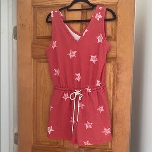 Lou & Grey Star Print Terry Romper Red White Drawstring Waist Size S NWT